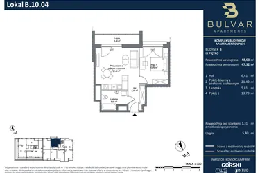 Rzut - Mieszkanie na sprzedaż 2 pokoje o powierzchni 47,32 m² - numer B.10.04 w Bulvar Apartments - etap II