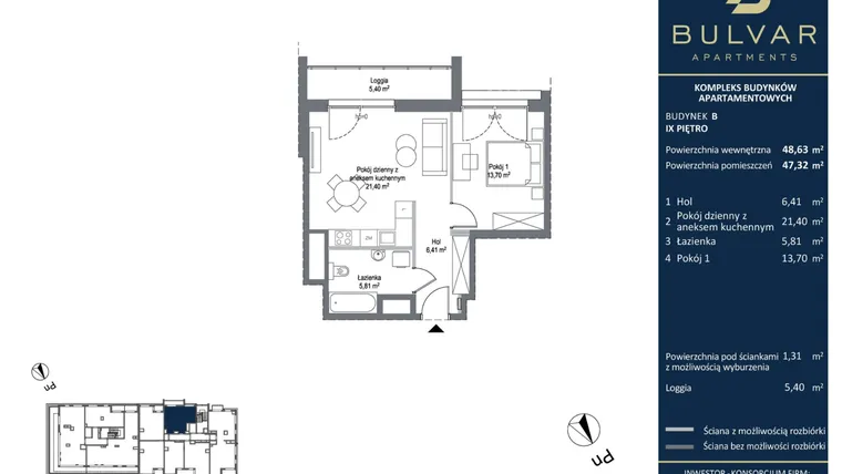 Rzut - Mieszkanie na sprzedaż 2 pokoje o powierzchni 47,32 m² - numer B.10.04 w Bulvar Apartments - etap II