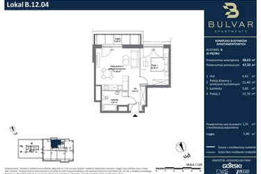 Rzut - Mieszkanie na sprzedaż 2 pokoje o powierzchni 47,32 m² - numer B.12.04 w Bulvar Apartments - etap II