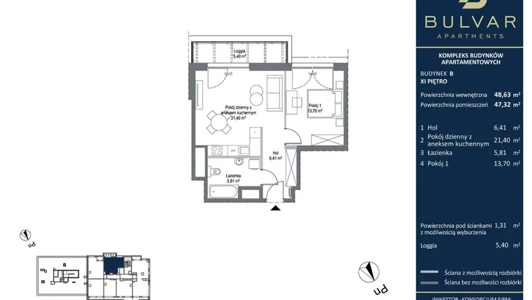Rzut - Mieszkanie na sprzedaż 2 pokoje o powierzchni 47,32 m² - numer B.12.04 w Bulvar Apartments - etap II