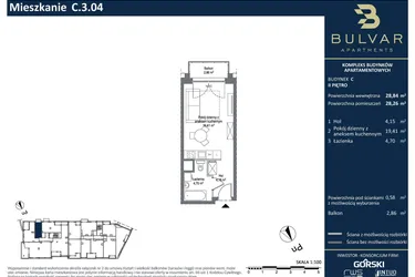 Rzut - Mieszkanie na sprzedaż 1 pokój o powierzchni 28,26 m² - numer C.3.04 w Bulvar Apartments - etap II