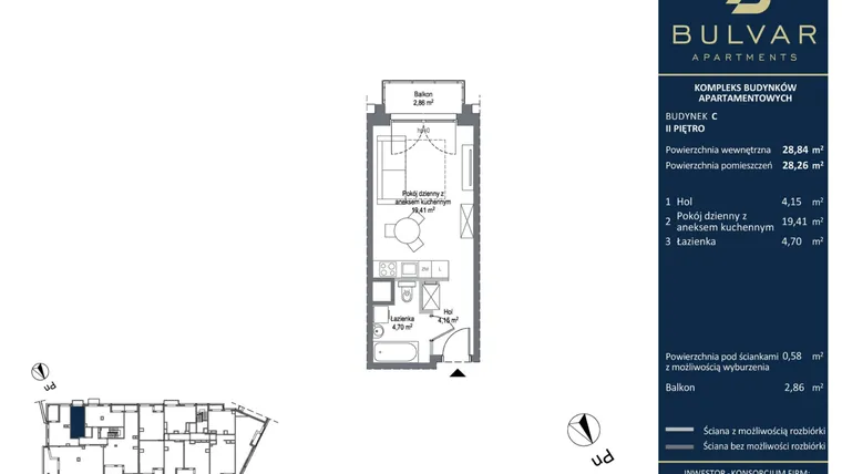 Rzut - Mieszkanie na sprzedaż 1 pokój o powierzchni 28,26 m² - numer C.3.04 w Bulvar Apartments - etap II