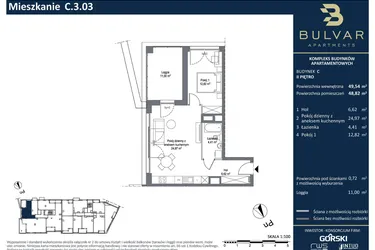 Rzut - Mieszkanie na sprzedaż 2 pokoje o powierzchni 48,82 m² - numer C.3.03 w Bulvar Apartments - etap II