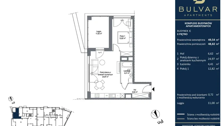 Rzut - Mieszkanie na sprzedaż 2 pokoje o powierzchni 48,82 m² - numer C.3.03 w Bulvar Apartments - etap II