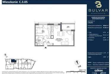 Rzut - Mieszkanie na sprzedaż 2 pokoje o powierzchni 47,46 m² - numer C.3.05 w Bulvar Apartments - etap II