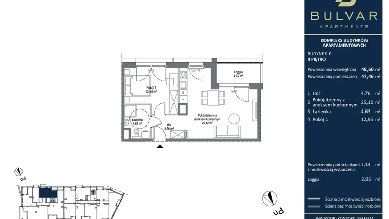 Rzut - Mieszkanie na sprzedaż 2 pokoje o powierzchni 47,46 m² - numer C.3.05 w Bulvar Apartments - etap II