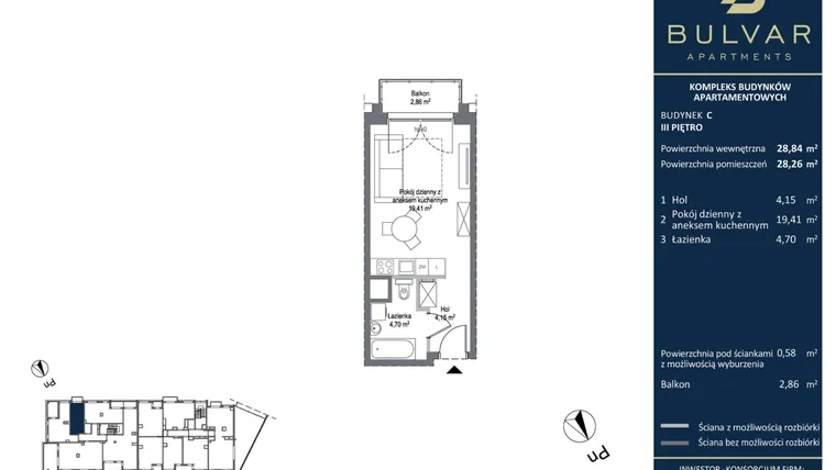 Rzut - Mieszkanie na sprzedaż 1 pokój o powierzchni 28,26 m² - numer C.4.04 w Bulvar Apartments - etap II