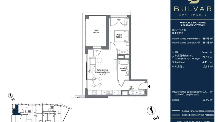 Rzut - Mieszkanie na sprzedaż 2 pokoje o powierzchni 48,83 m² - numer C.4.03 w Bulvar Apartments - etap II
