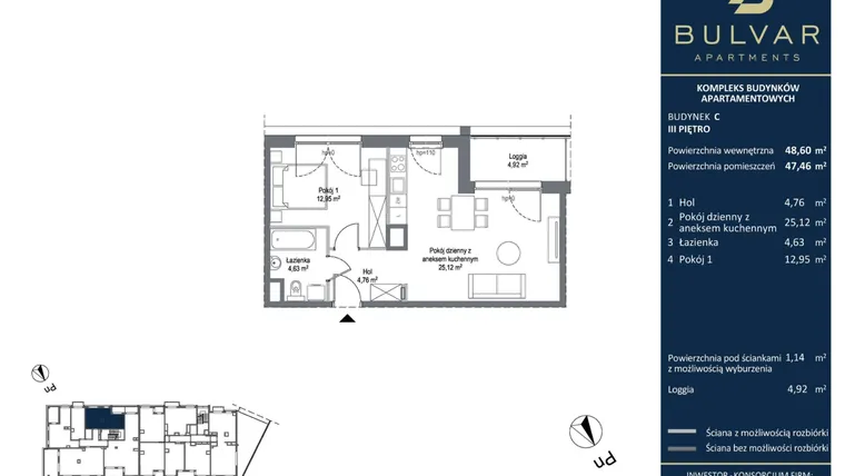 Rzut - Mieszkanie na sprzedaż 2 pokoje o powierzchni 47,46 m² - numer C.4.05 w Bulvar Apartments - etap II
