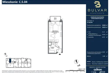 Rzut - Mieszkanie na sprzedaż 1 pokój o powierzchni 28,26 m² - numer C.5.04 w Bulvar Apartments - etap II