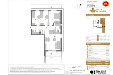 Rzut - Mieszkanie na sprzedaż 4 pokoje o powierzchni 76,9 m² - numer B.1 w Wille Biskupin