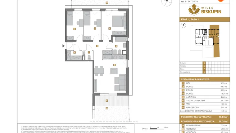 Rzut - Mieszkanie na sprzedaż 4 pokoje o powierzchni 76,9 m² - numer B.1 w Wille Biskupin