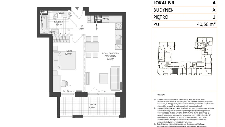 Rzut - Mieszkanie na sprzedaż 2 pokoje o powierzchni 40,58 m² - numer A.4 w Esencja