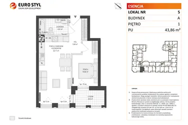 Rzut - Mieszkanie na sprzedaż 2 pokoje o powierzchni 43,86 m² - numer A.5 w Esencja
