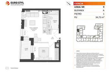 Rzut - Mieszkanie na sprzedaż 2 pokoje o powierzchni 34,73 m² - numer A.9 w Esencja