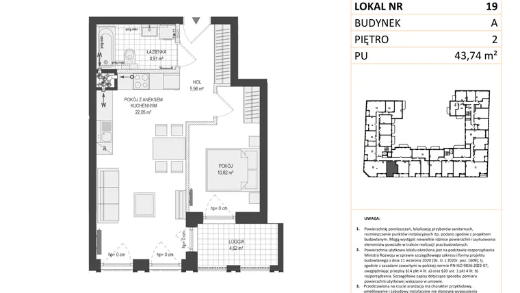 Rzut - Mieszkanie na sprzedaż 2 pokoje o powierzchni 43,74 m² - numer A.19 w Esencja