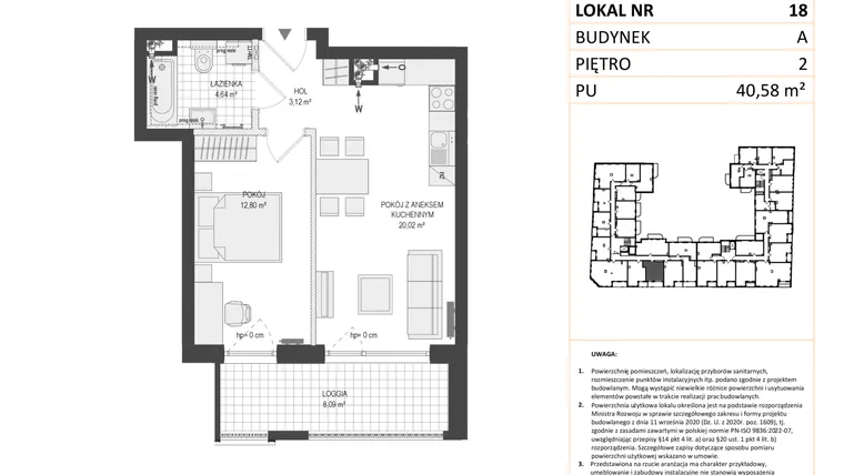Rzut - Mieszkanie na sprzedaż 2 pokoje o powierzchni 40,58 m² - numer A.18 w Esencja