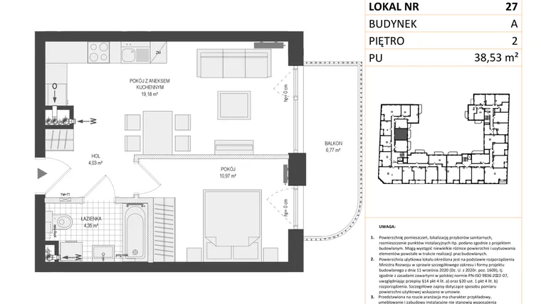 Rzut - Mieszkanie na sprzedaż 2 pokoje o powierzchni 38,53 m² - numer A.27 w Esencja