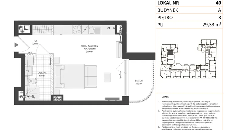 Rzut - Mieszkanie na sprzedaż 1 pokój o powierzchni 29,41 m² - numer A.40 w Esencja