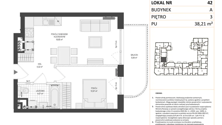 Rzut - Mieszkanie na sprzedaż 2 pokoje o powierzchni 38,21 m² - numer A.42 w Esencja