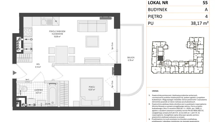 Rzut - Mieszkanie na sprzedaż 2 pokoje o powierzchni 38,17 m² - numer A.55 w Esencja