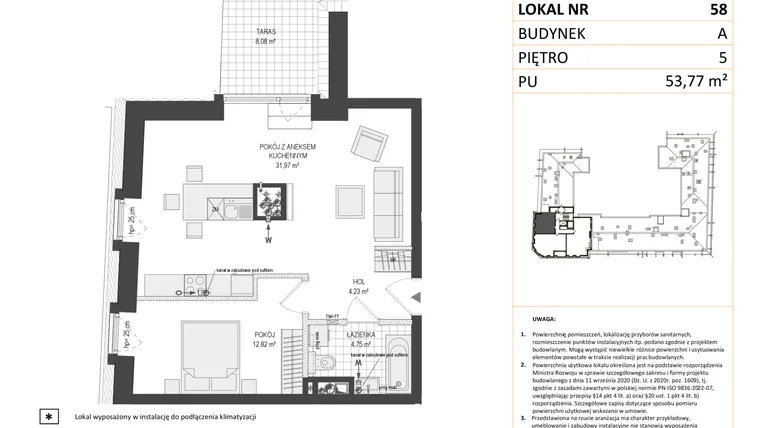 Rzut - Mieszkanie na sprzedaż 2 pokoje o powierzchni 53,72 m² - numer A.58 w Esencja