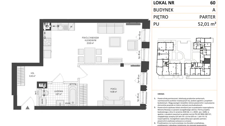 Rzut - Mieszkanie na sprzedaż 2 pokoje o powierzchni 51,94 m² - numer A.60 w Esencja