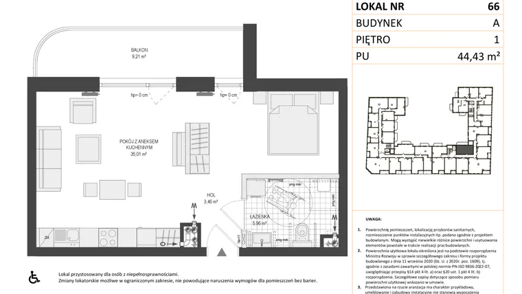 Rzut - Mieszkanie na sprzedaż 1 pokój o powierzchni 44,4 m² - numer A.66 w Esencja