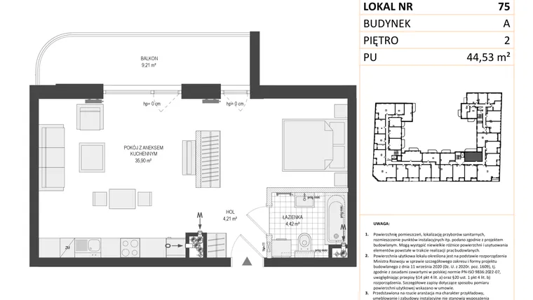 Rzut - Mieszkanie na sprzedaż 1 pokój o powierzchni 44,5 m² - numer A.75 w Esencja