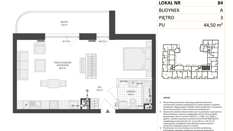Rzut - Mieszkanie na sprzedaż 1 pokój o powierzchni 44,47 m² - numer A.84 w Esencja