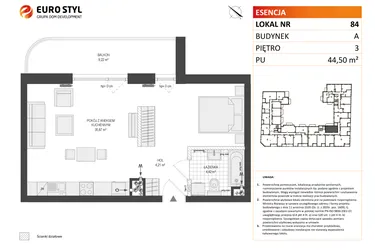 Rzut - Mieszkanie na sprzedaż 1 pokój o powierzchni 44,47 m² - numer A.84 w Esencja