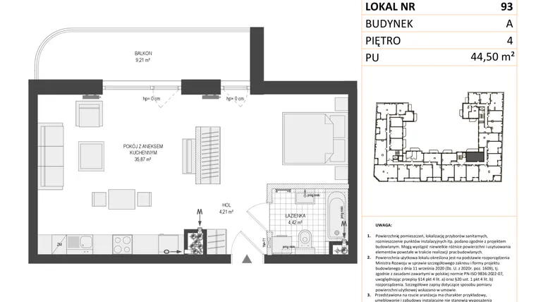 Rzut - Mieszkanie na sprzedaż 1 pokój o powierzchni 44,47 m² - numer A.93 w Esencja