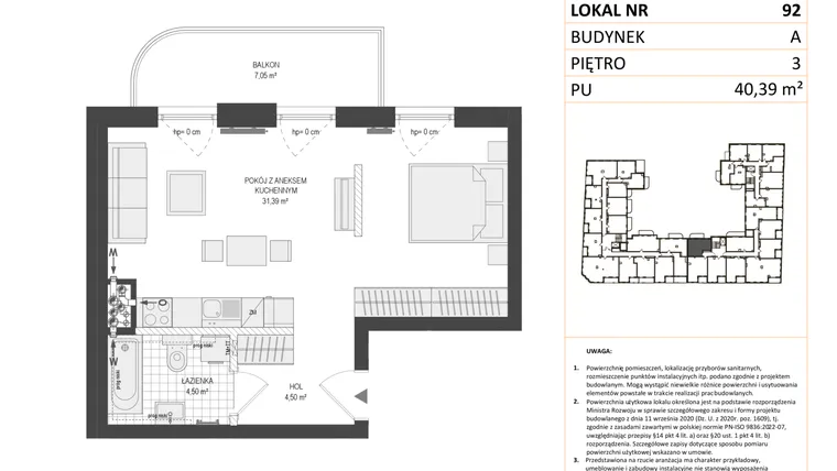Rzut - Mieszkanie na sprzedaż 1 pokój o powierzchni 40,39 m² - numer A.92 w Esencja