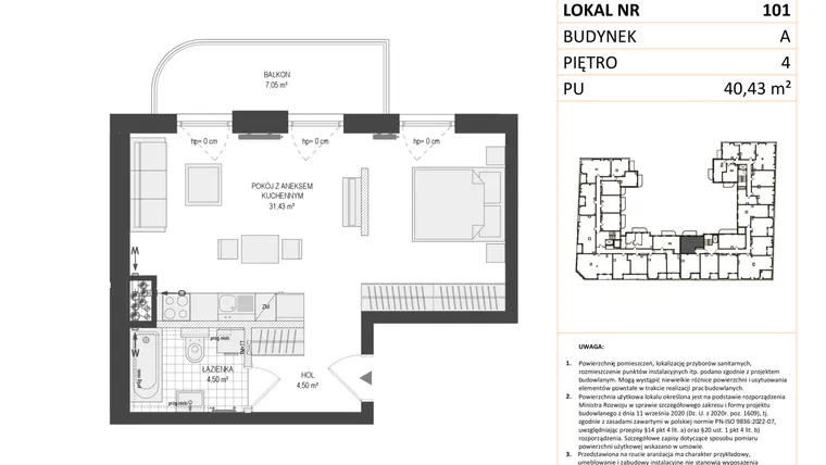 Rzut - Mieszkanie na sprzedaż 1 pokój o powierzchni 40,43 m² - numer A.101 w Esencja
