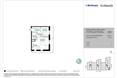 Rzut - Mieszkanie na sprzedaż 2 pokoje o powierzchni 47,98 m² - numer A3 251 w Mikato