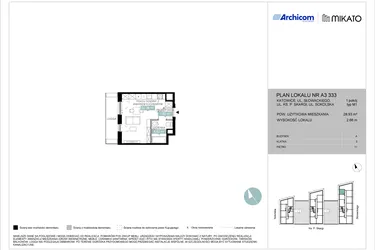 Rzut - Mieszkanie na sprzedaż 1 pokój o powierzchni 28,96 m² - numer A3 333 w Mikato