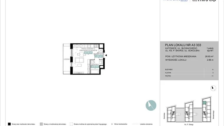 Rzut - Mieszkanie na sprzedaż 1 pokój o powierzchni 28,96 m² - numer A3 333 w Mikato