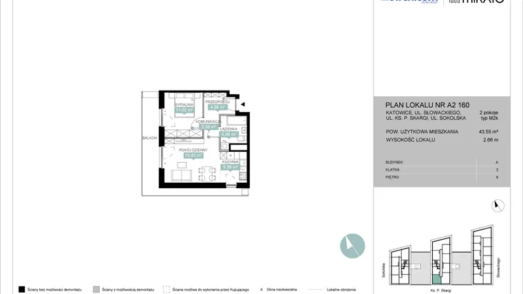 Rzut - Mieszkanie na sprzedaż 2 pokoje o powierzchni 43,55 m² - numer A2 160 w Mikato