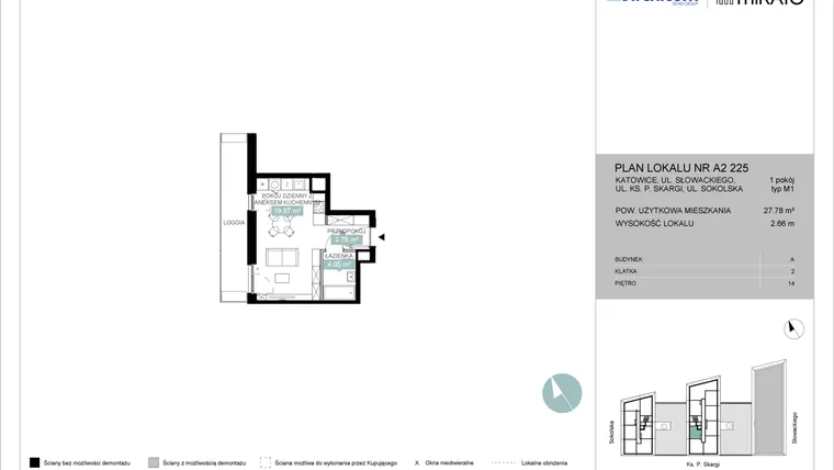 Rzut - Mieszkanie na sprzedaż 1 pokój o powierzchni 27,81 m² - numer A2 225 w Mikato