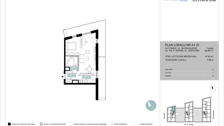 Rzut - Mieszkanie na sprzedaż 1 pokój o powierzchni 47,54 m² - numer A1 27 w Mikato