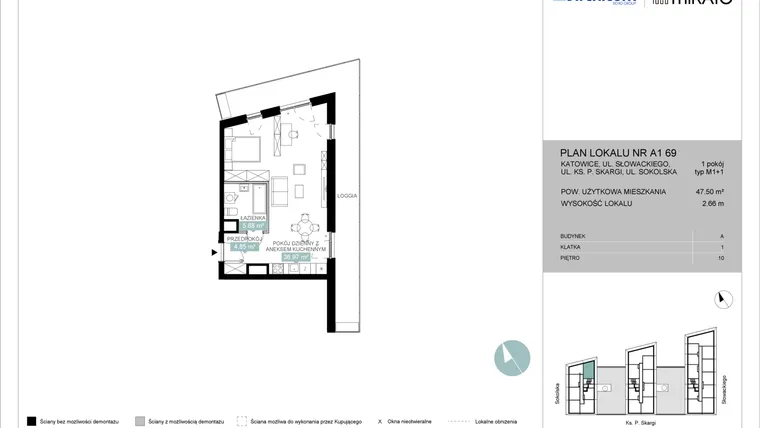 Rzut - Mieszkanie na sprzedaż 1 pokój o powierzchni 47,54 m² - numer A1 69 w Mikato