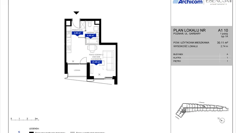 Rzut - Mieszkanie na sprzedaż 1 pokój o powierzchni 30,08 m² - numer A1.10 w Apartamenty Esencja II