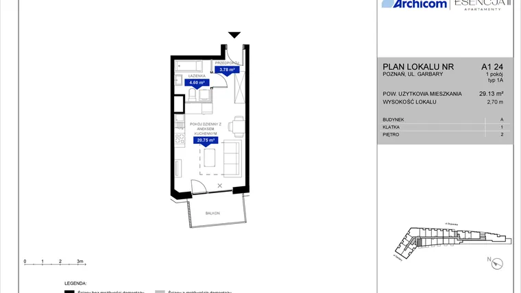 Rzut - Mieszkanie na sprzedaż 1 pokój o powierzchni 29,05 m² - numer A1.24 w Apartamenty Esencja II