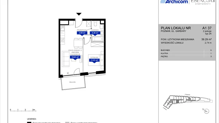 Rzut - Mieszkanie na sprzedaż 2 pokoje o powierzchni 39,29 m² - numer A1.37 w Apartamenty Esencja II