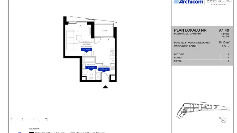 Rzut - Mieszkanie na sprzedaż 1 pokój o powierzchni 30,1 m² - numer A1.40 w Apartamenty Esencja II