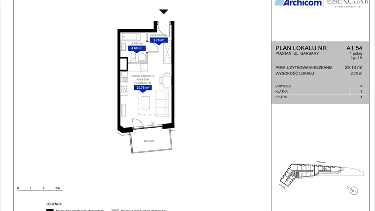 Rzut - Mieszkanie na sprzedaż 1 pokój o powierzchni 29,04 m² - numer A1.54 w Apartamenty Esencja II