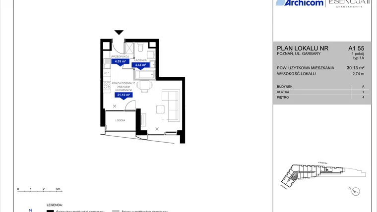 Rzut - Mieszkanie na sprzedaż 1 pokój o powierzchni 30,09 m² - numer A1.55 w Apartamenty Esencja II