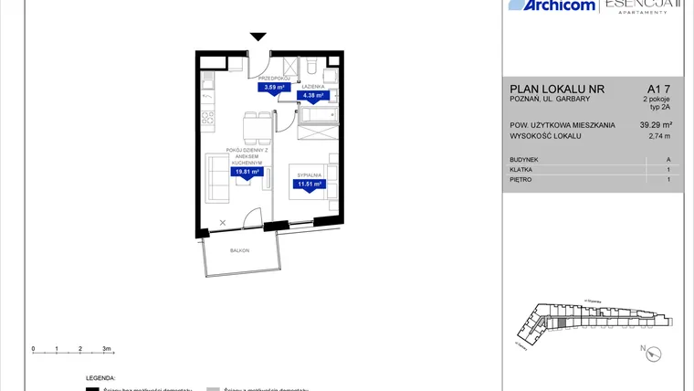 Rzut - Mieszkanie na sprzedaż 2 pokoje o powierzchni 39,29 m² - numer A1.7 w Apartamenty Esencja II