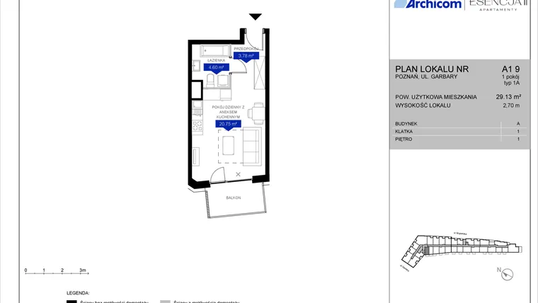 Rzut - Mieszkanie na sprzedaż 1 pokój o powierzchni 29,04 m² - numer A1.9 w Apartamenty Esencja II