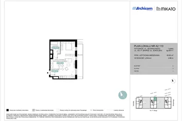 Rzut - Mieszkanie na sprzedaż 1 pokój o powierzchni 45,62 m² - numer A2 113 w Mikato